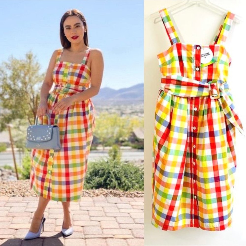 Christopher John Rogers Woman's Size 8 Multi Color Plaid Dress Puff Botton Down